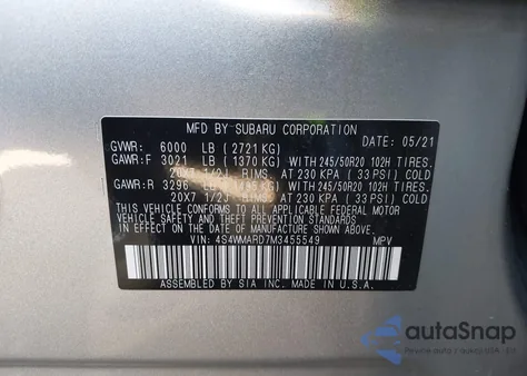 2021 Subaru Ascent Touring из США, поврежденный, VIN 4S4WMARD7M3455549